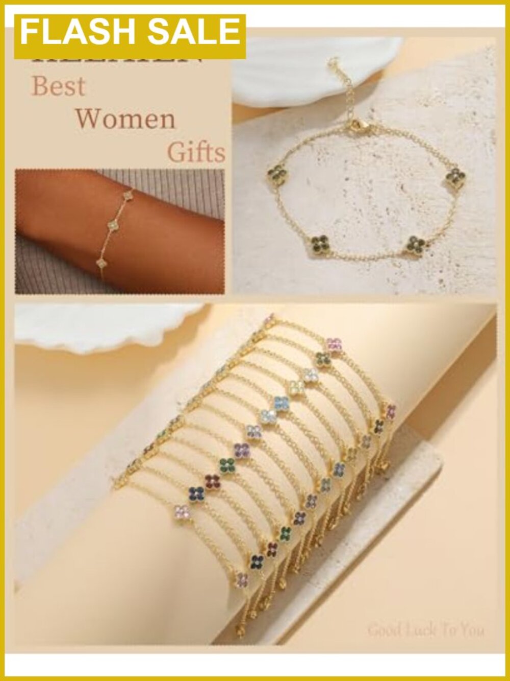 14k Gold Plated Clover Birthstone Bracelet Dainty Adjustable Link Charm - Picture 3 of 5